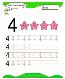 4 Rakamı Çizgi Çalışmaları Çalışma Sayfaları